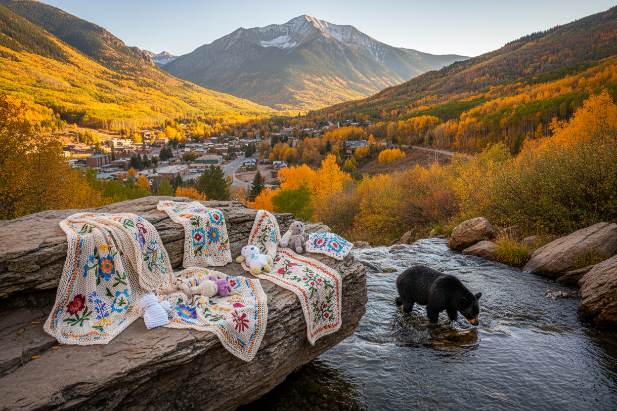 I need a high resolution image for my business, the business sells hand made crochet and custom embroidery. I would like an high resolution image in a 16:9 format that displays some beautiful hand made crochet examples some with embroidery on them displayed on a rock overlooking the town of ouray with a stream on the side with a small black bear walking in the stream and mount Abrams in the back ground. this image should take place in the fall with the beautiful fall colors in the trees.